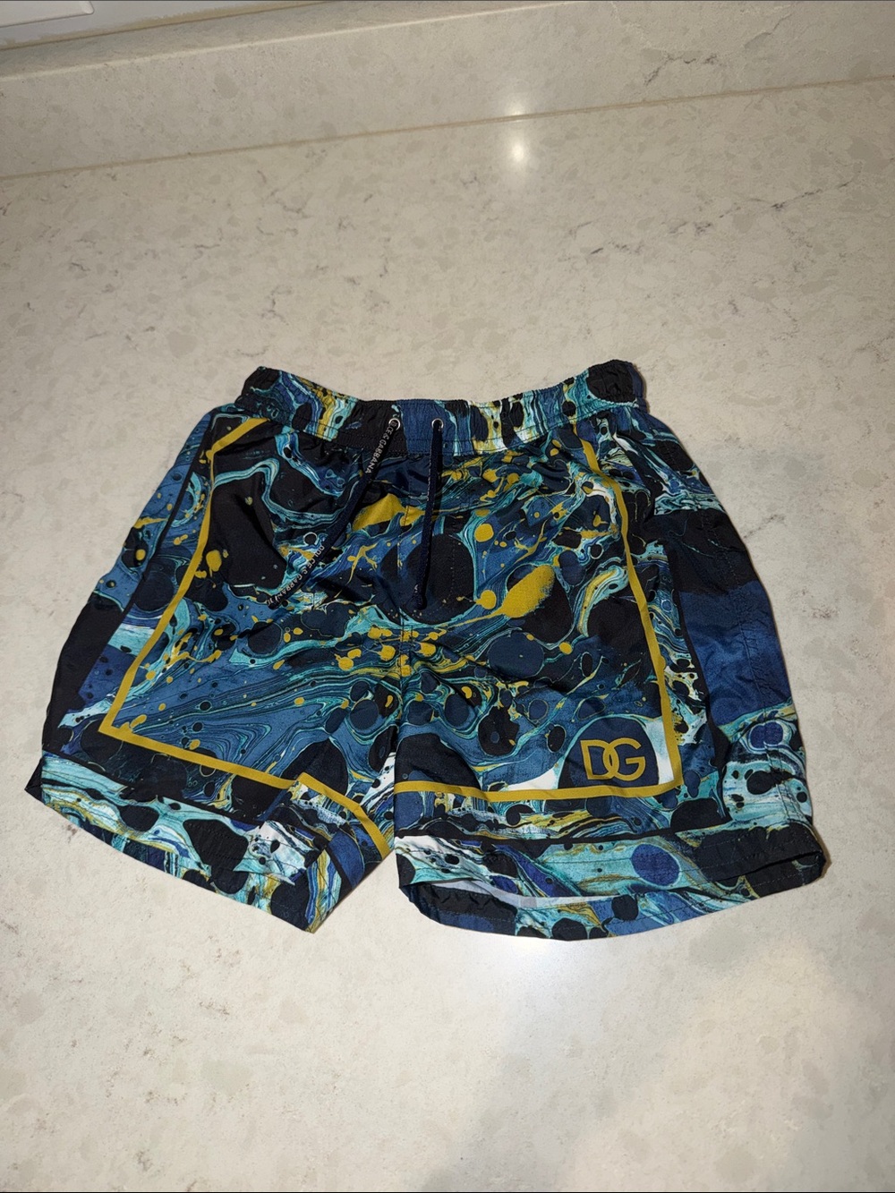 Dolce & Gabbana Marble-Print Kids Shorts with Yellow Trim